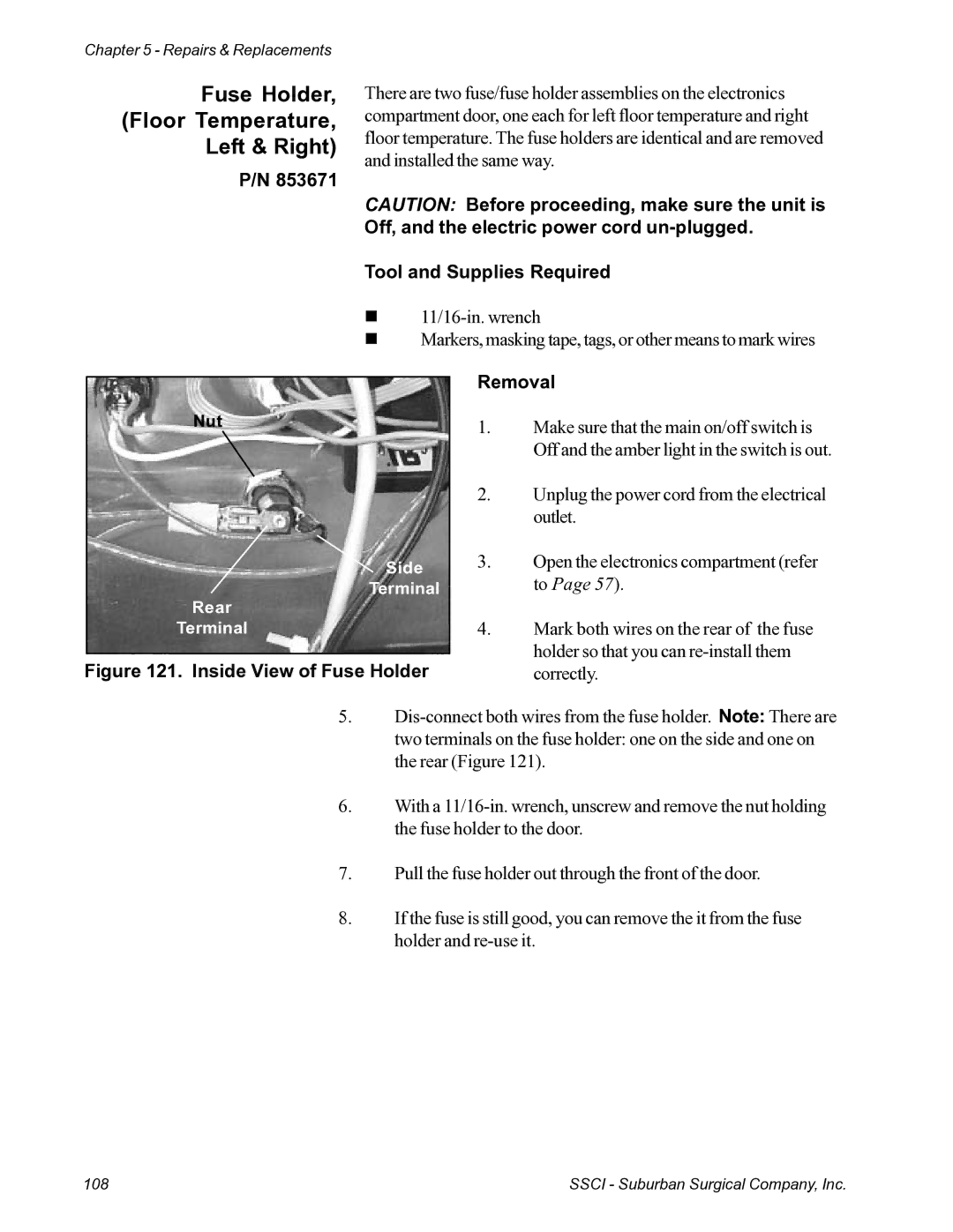 Suburban Mfg 12019-01-NGFREP manual Fuse Holder Floor Temperature Left & Right, Inside View of Fuse Holder Removal 