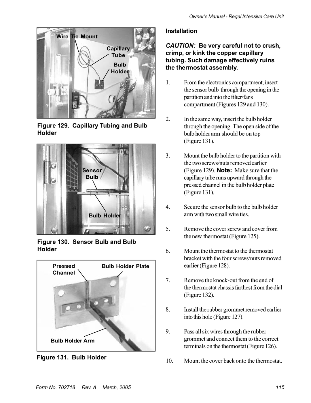 Suburban Mfg 12019-01-NGFREP manual Capillary Tubing and Bulb Holder 