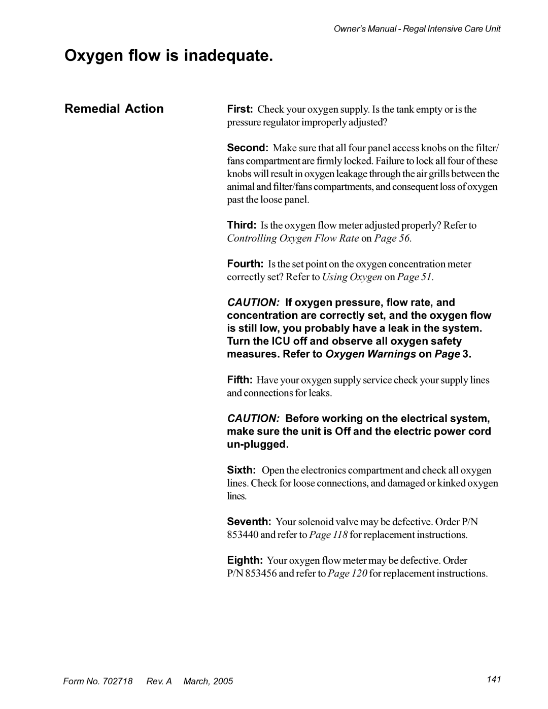 Suburban Mfg 12019-01-NGFREP manual Oxygen flow is inadequate 