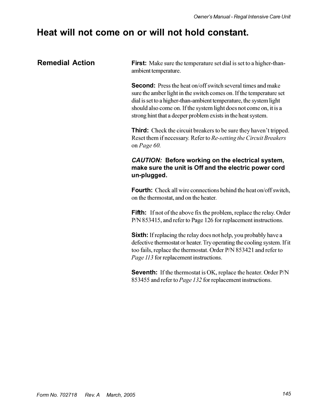 Suburban Mfg 12019-01-NGFREP manual Heat will not come on or will not hold constant 