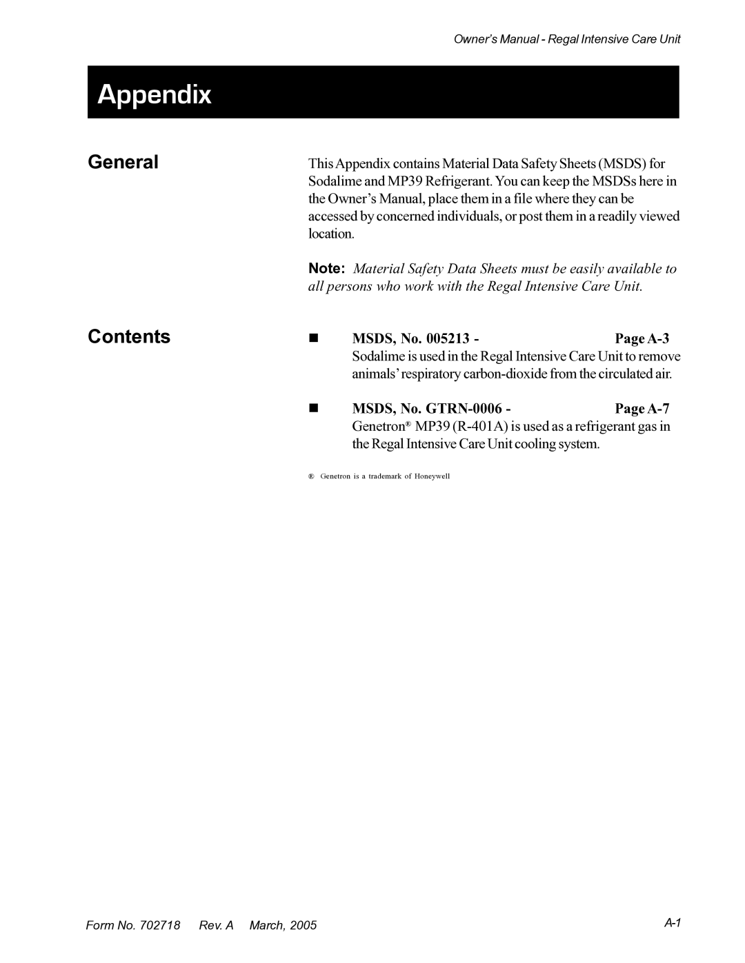 Suburban Mfg 12019-01-NGFREP manual Appendix, General Contents 