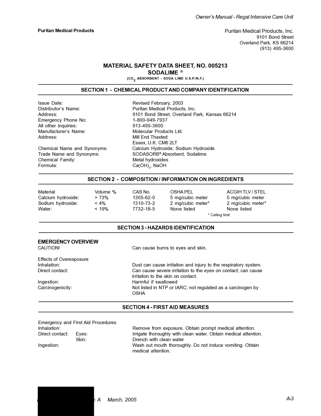 Suburban Mfg 12019-01-NGFREP manual Material Safety Data SHEET, no Sodalime 