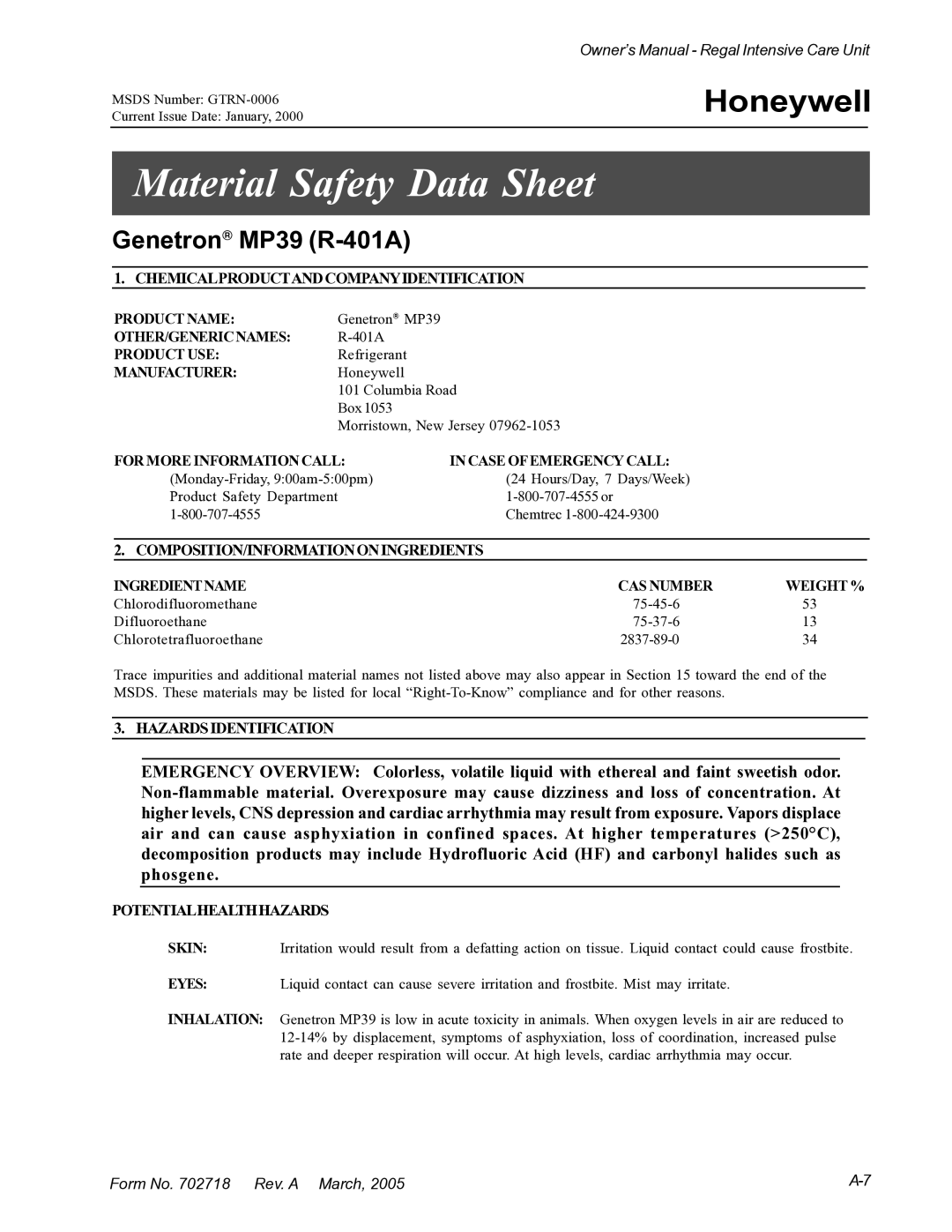 Suburban Mfg 12019-01-NGFREP manual Material Safety Data Sheet, Genetron MP39 R-401A 