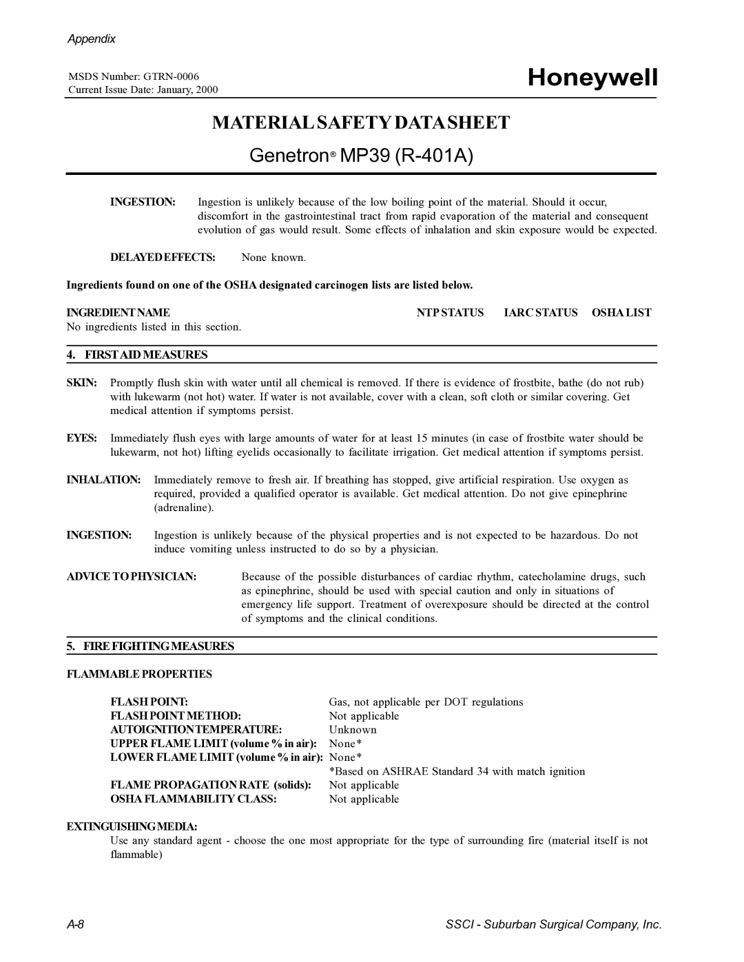 Suburban Mfg 12019-01-NGFREP manual Materialsafety Datasheet 