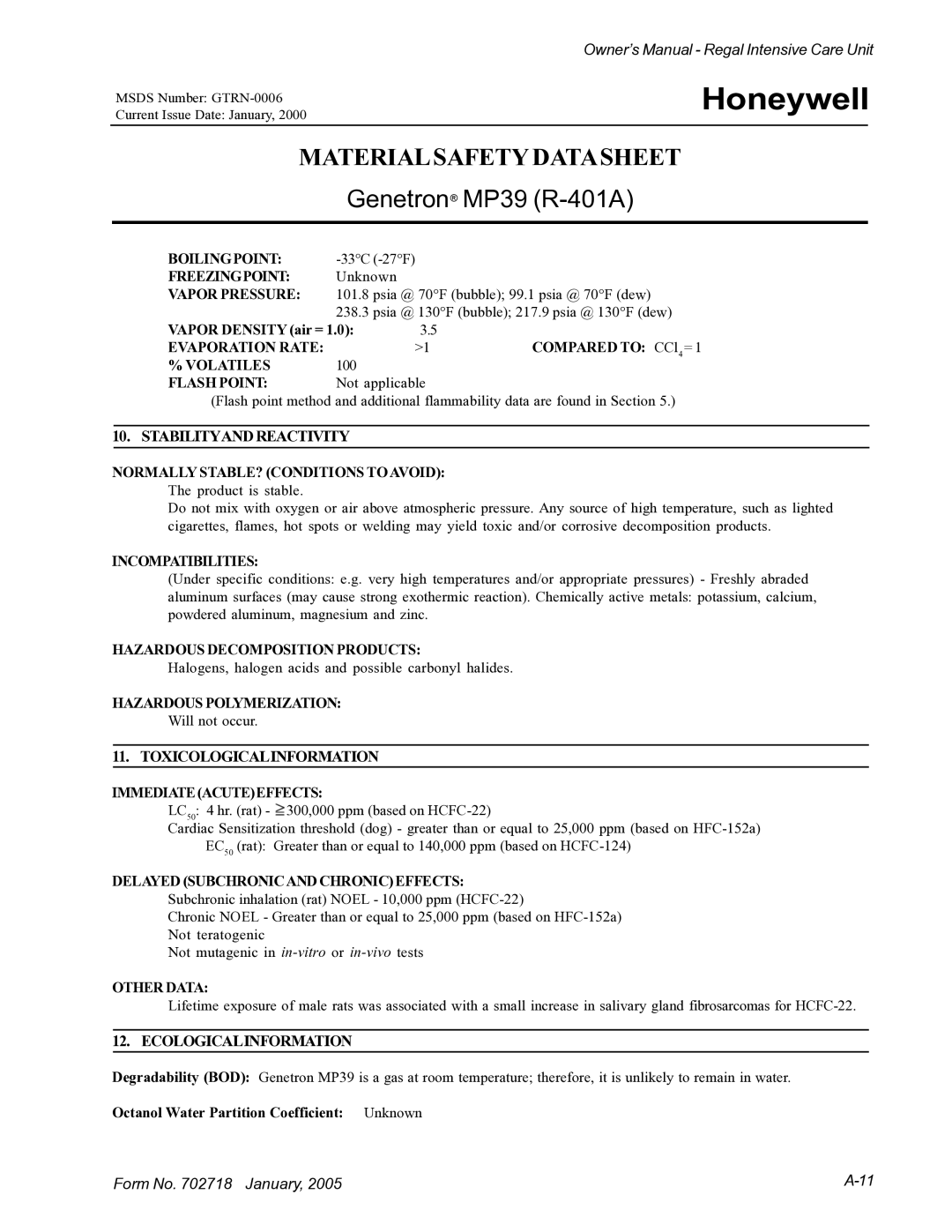 Suburban Mfg 12019-01-NGFREP manual Boiling Point 