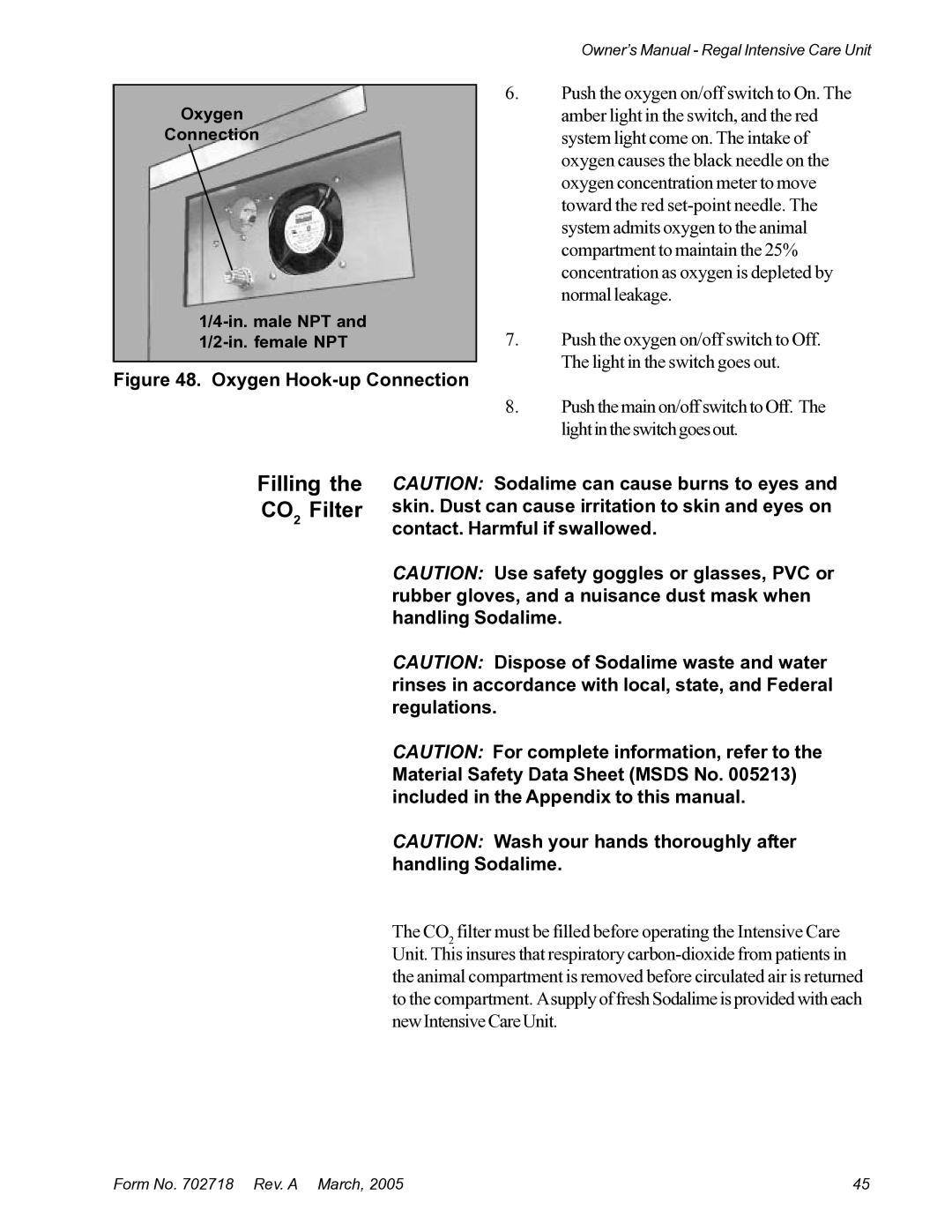 Suburban Mfg 12019-01-NGFREP manual Filling the CO2 Filter, Oxygen Hook-up Connection 