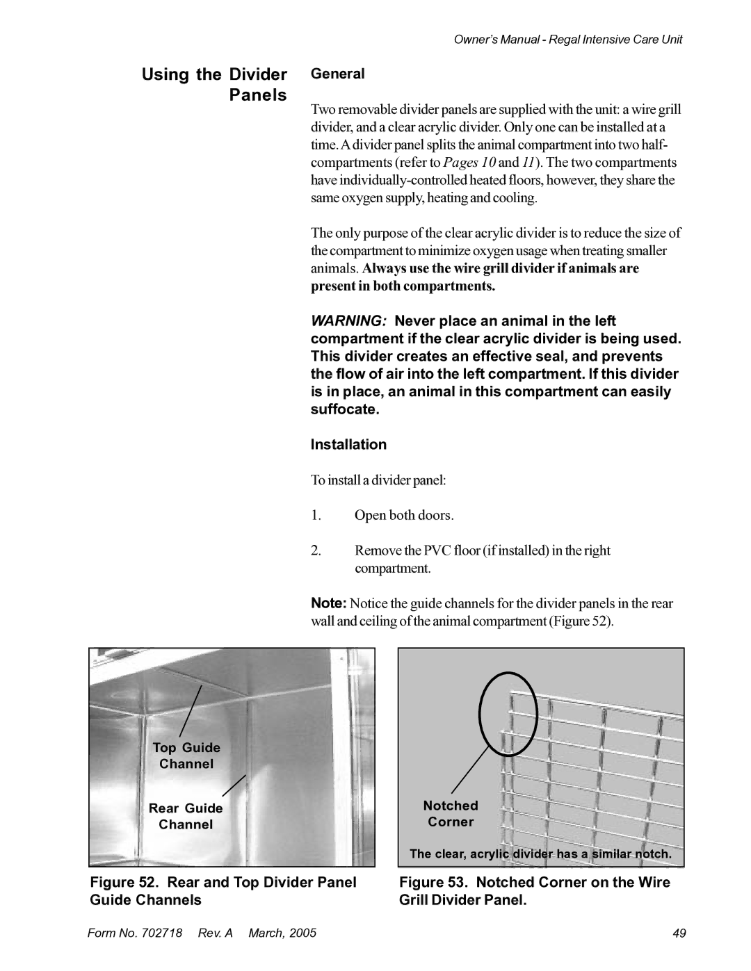 Suburban Mfg 12019-01-NGFREP manual Using the Divider Panels, General, Installation, Guide Channels Grill Divider Panel 