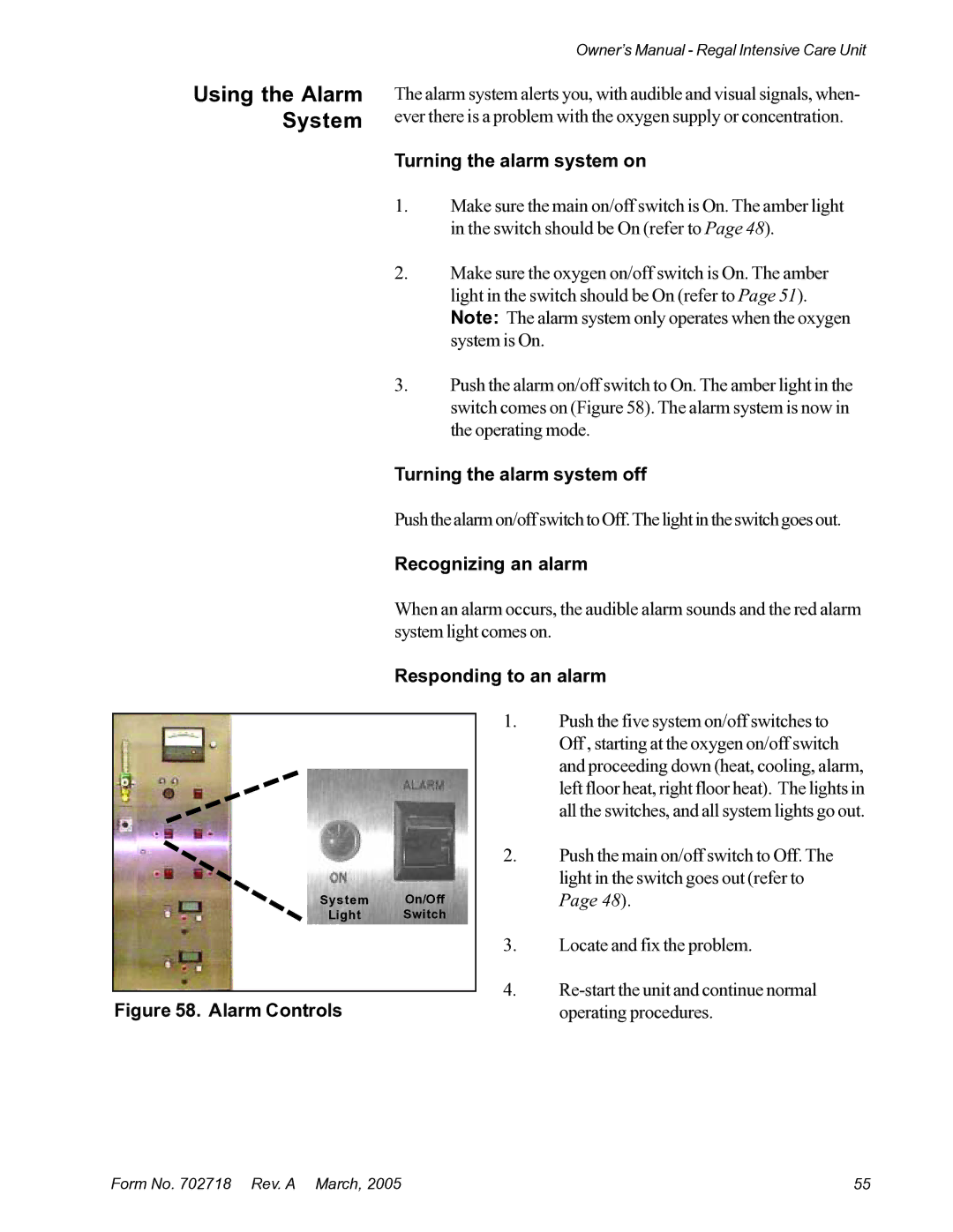 Suburban Mfg 12019-01-NGFREP manual Using the Alarm System, Turning the alarm system on, Turning the alarm system off 