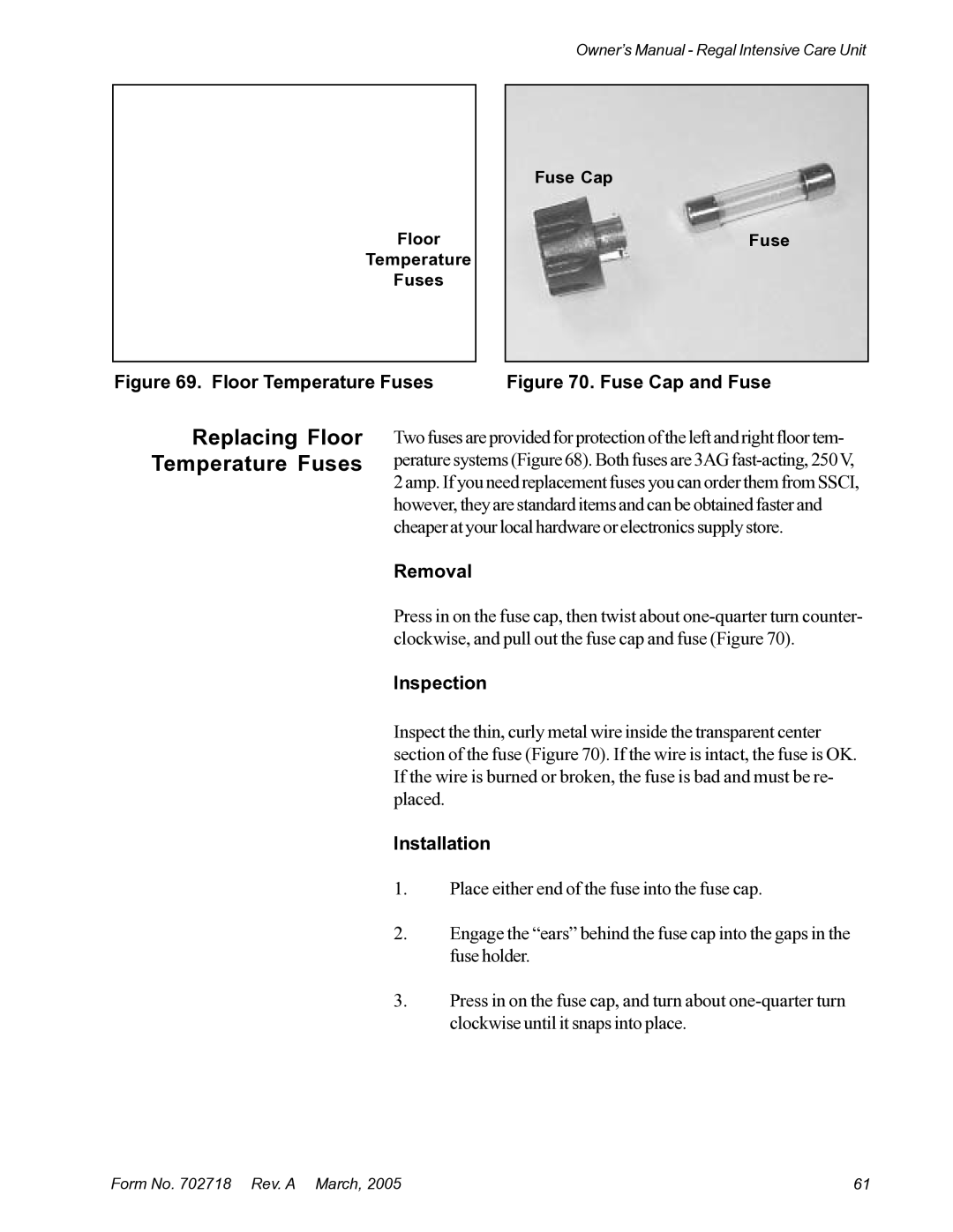 Suburban Mfg 12019-01-NGFREP manual Replacing Floor Temperature Fuses, Inspection 