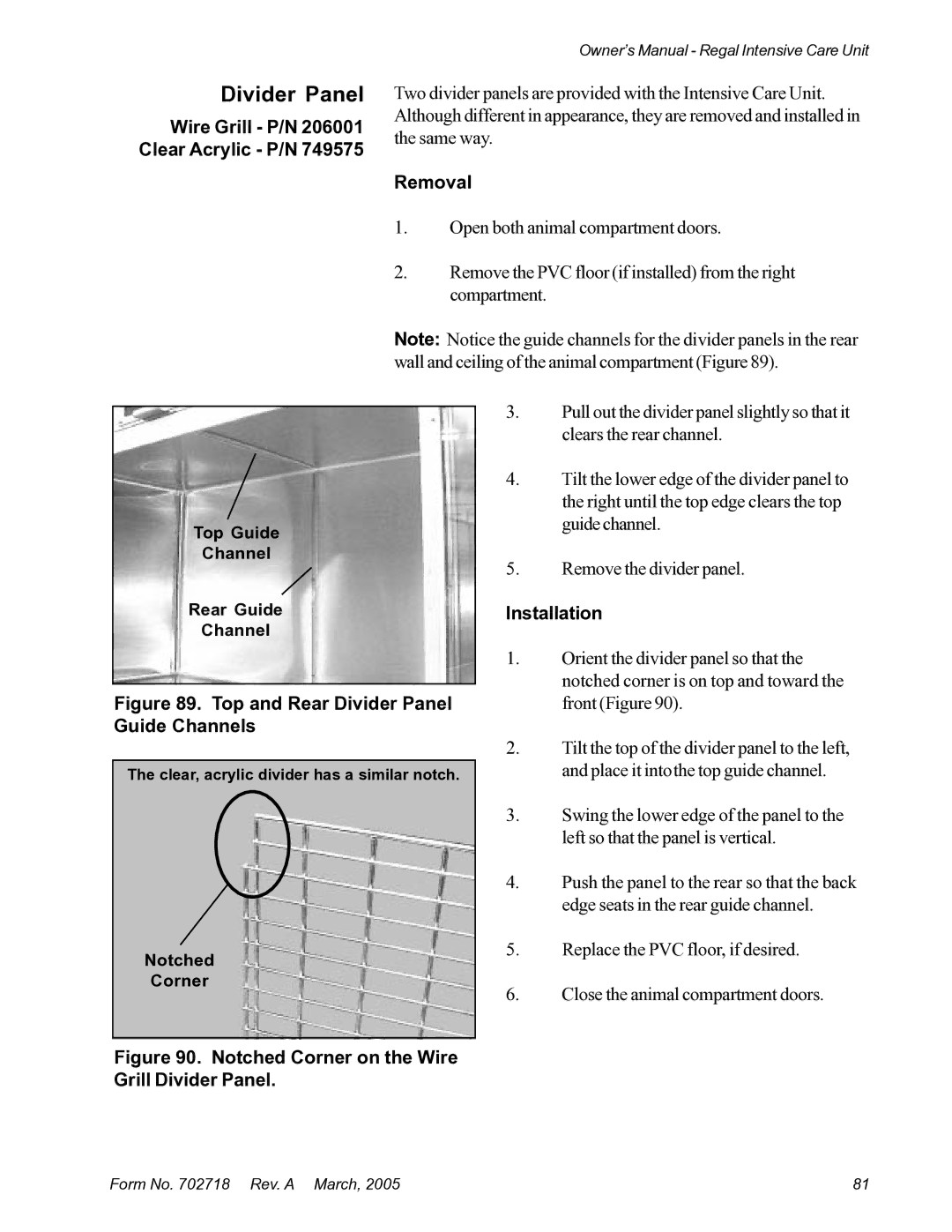 Suburban Mfg 12019-01-NGFREP manual Divider Panel, Wire Grill P/N 206001 Clear Acrylic P/N 