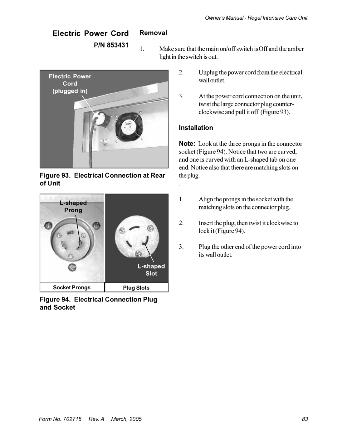 Suburban Mfg 12019-01-NGFREP manual Electric Power Cord Removal, Electrical Connection at Rear of Unit 