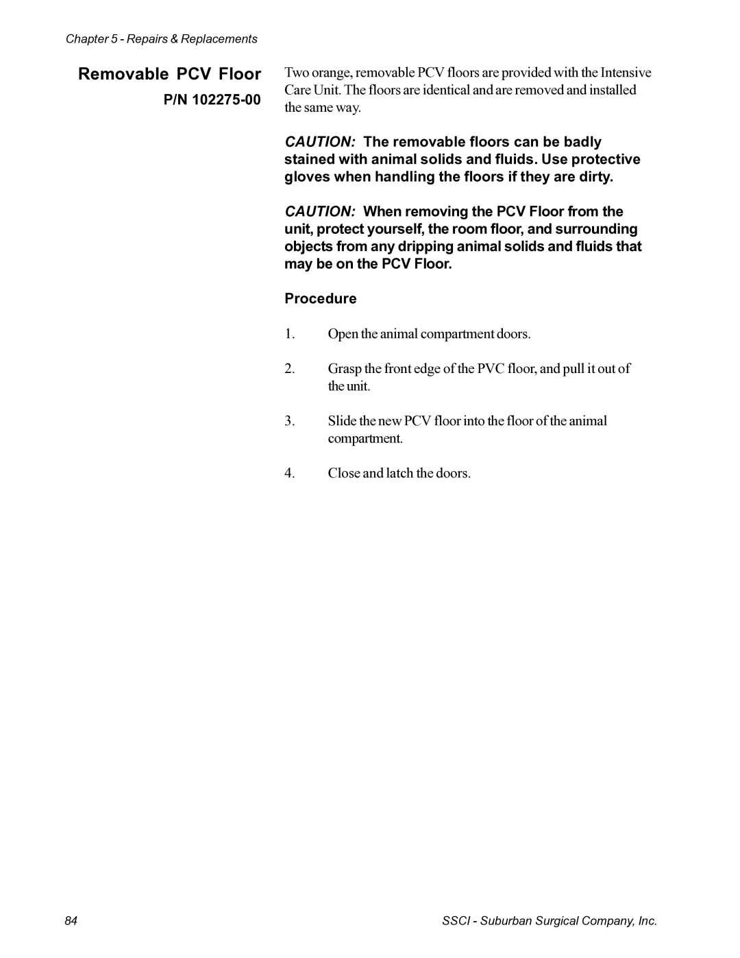 Suburban Mfg 12019-01-NGFREP manual Removable PCV Floor, Procedure 