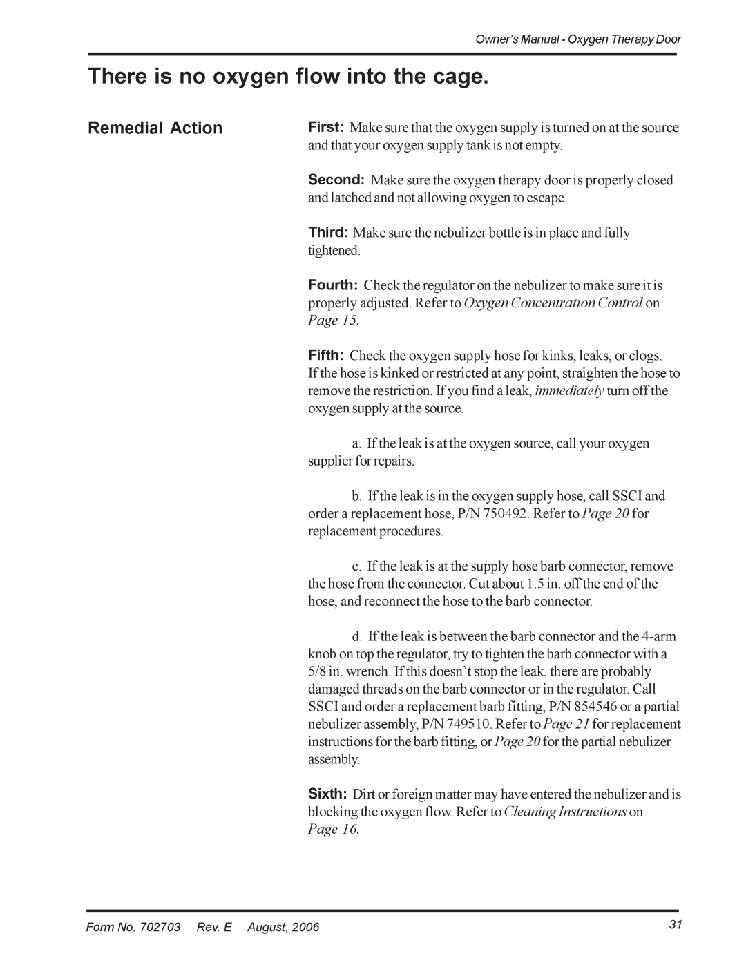 Suburban Mfg 12155-00-EPEPAA, 12155-00-FNHJAA, 12155-00-FNFNAA manual There is no oxygen flow into the cage, Remedial Action 