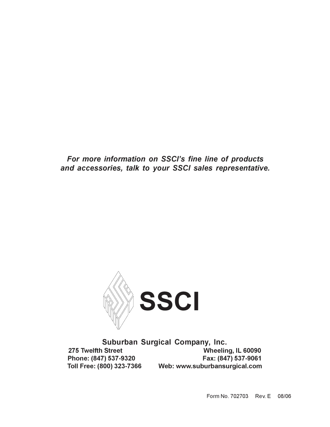 Suburban Mfg 12155-00-FNHJAA manual Suburban Surgical Company, Inc, Twelfth Street Wheeling, IL Phone 847, Toll Free 800 