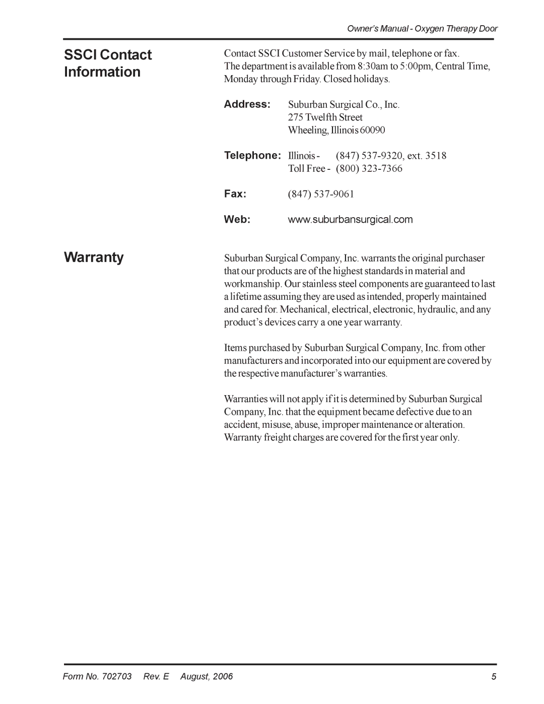 Suburban Mfg 12155-00-FNFNAA, 12155-00-FNHJAA, 12155-00-EPHJAA manual Ssci Contact Information Warranty, Telephone Illinois 