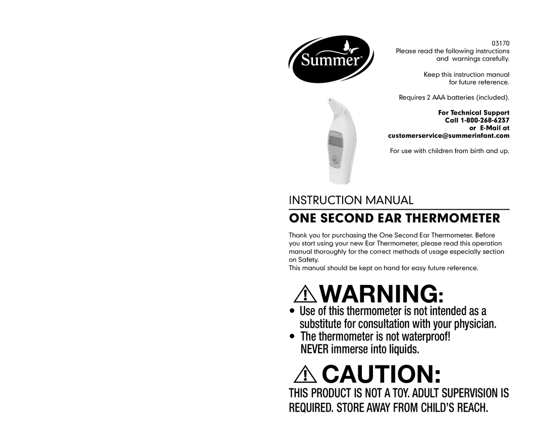 Summer Infant 03170 manual ONE Second EAR Thermometer 