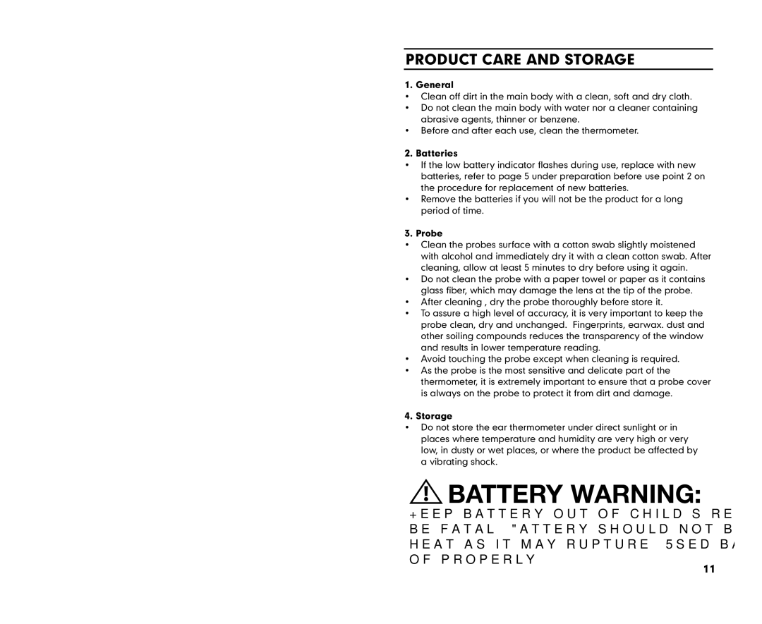 Summer Infant 03170 manual Product Care and Storage, Batteries, Probe 