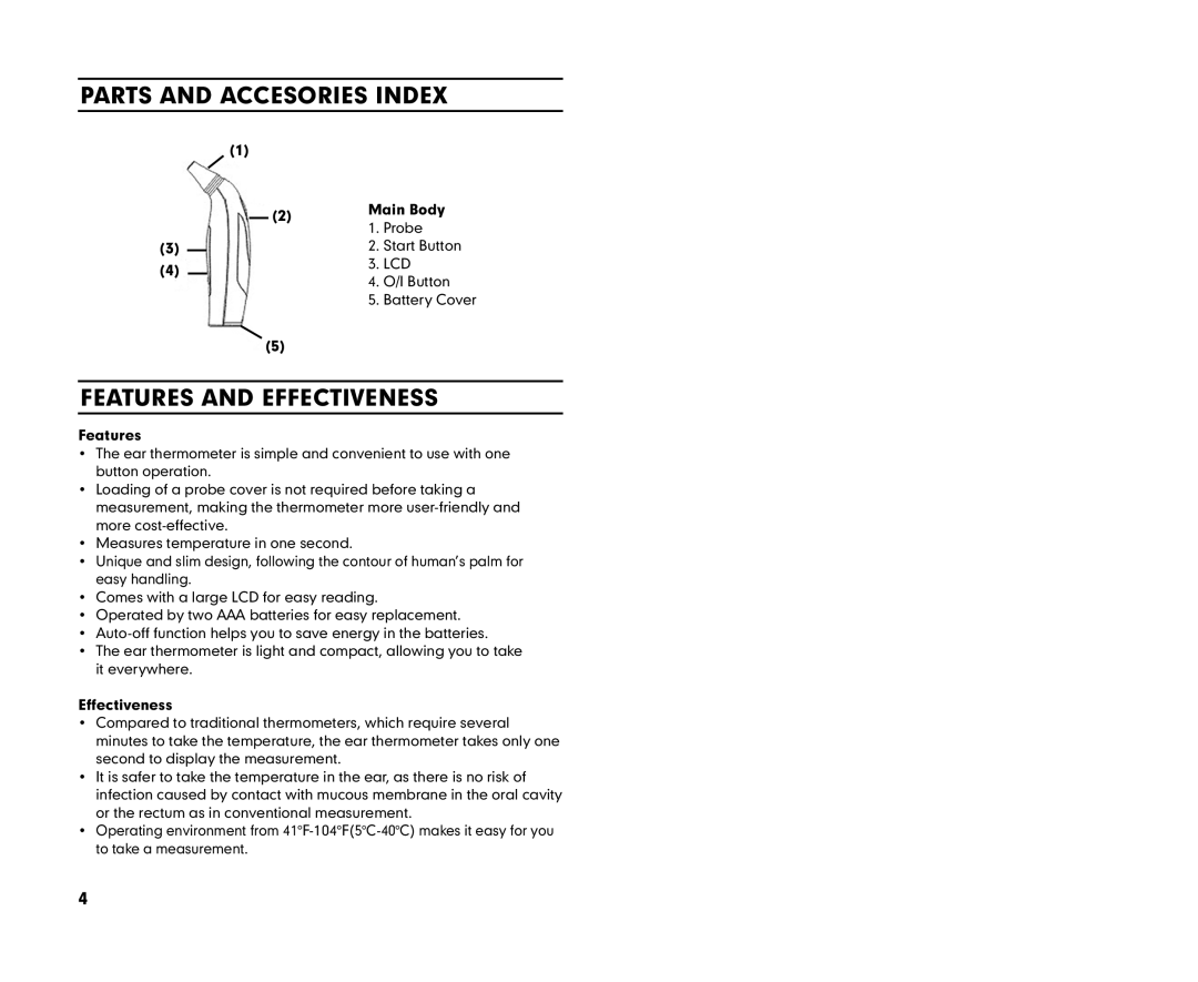 Summer Infant 03170 manual Parts and Accesories Index, Features and Effectiveness, Main Body 