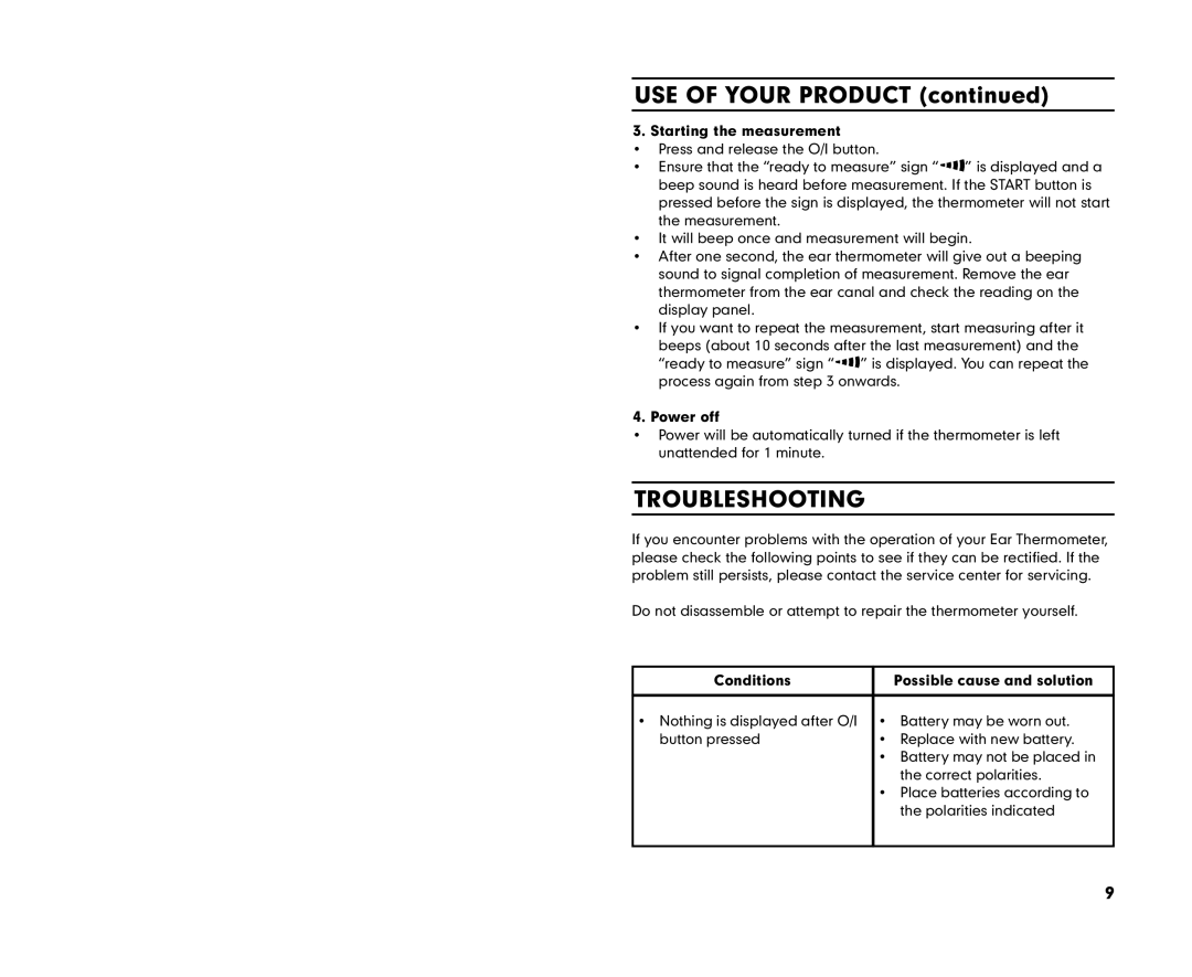 Summer Infant 03170 manual Troubleshooting, Starting the measurement, Power off, Conditions Possible cause and solution 