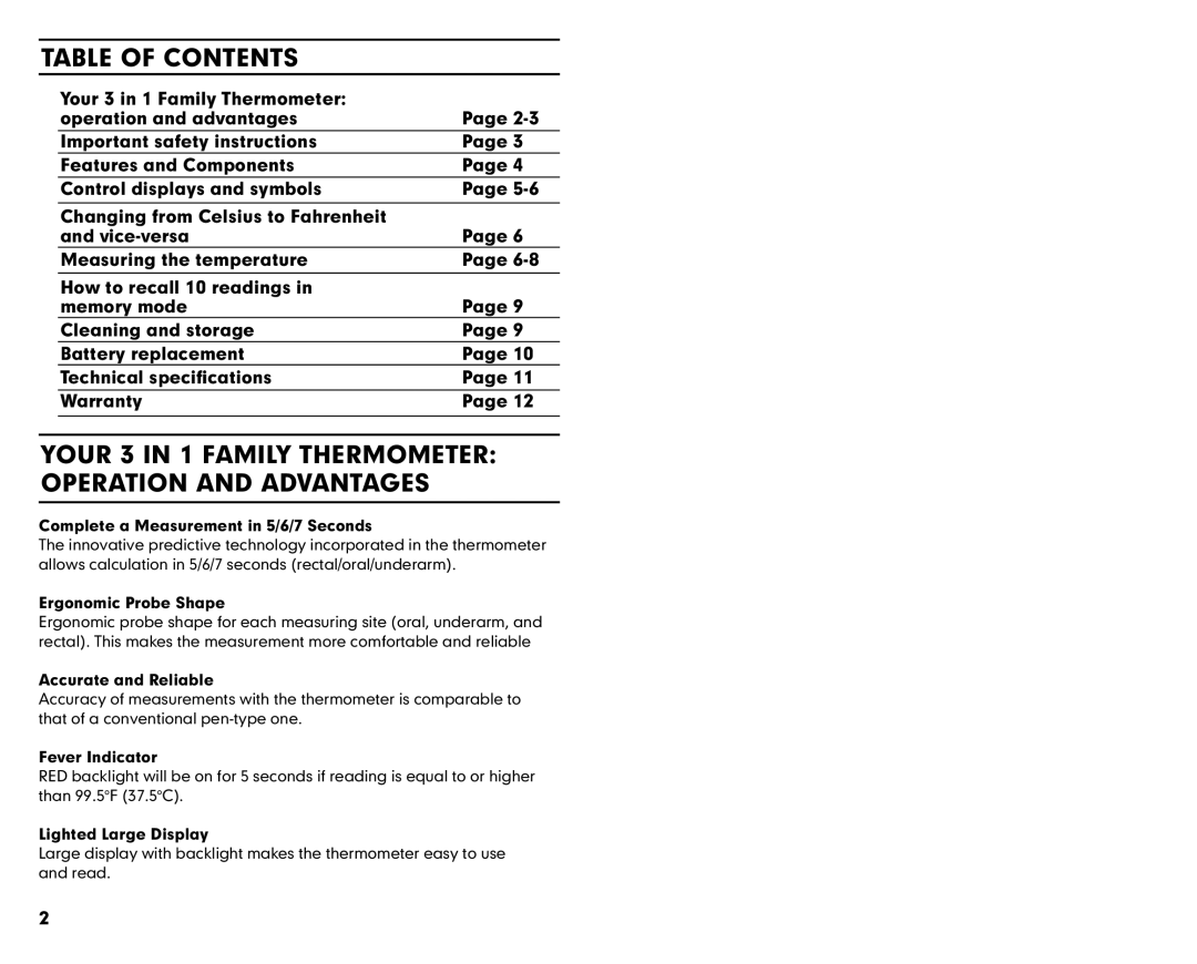 Summer Infant 3180 manual Table of Contents, Your 3 in 1 Family Thermometer Operation and Advantages 