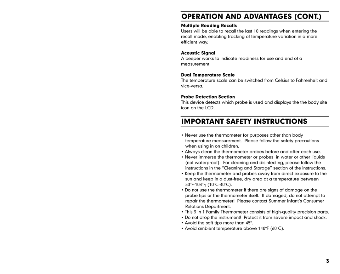 Summer Infant 3180 manual Operation and Advantages, Important Safety Instructions 