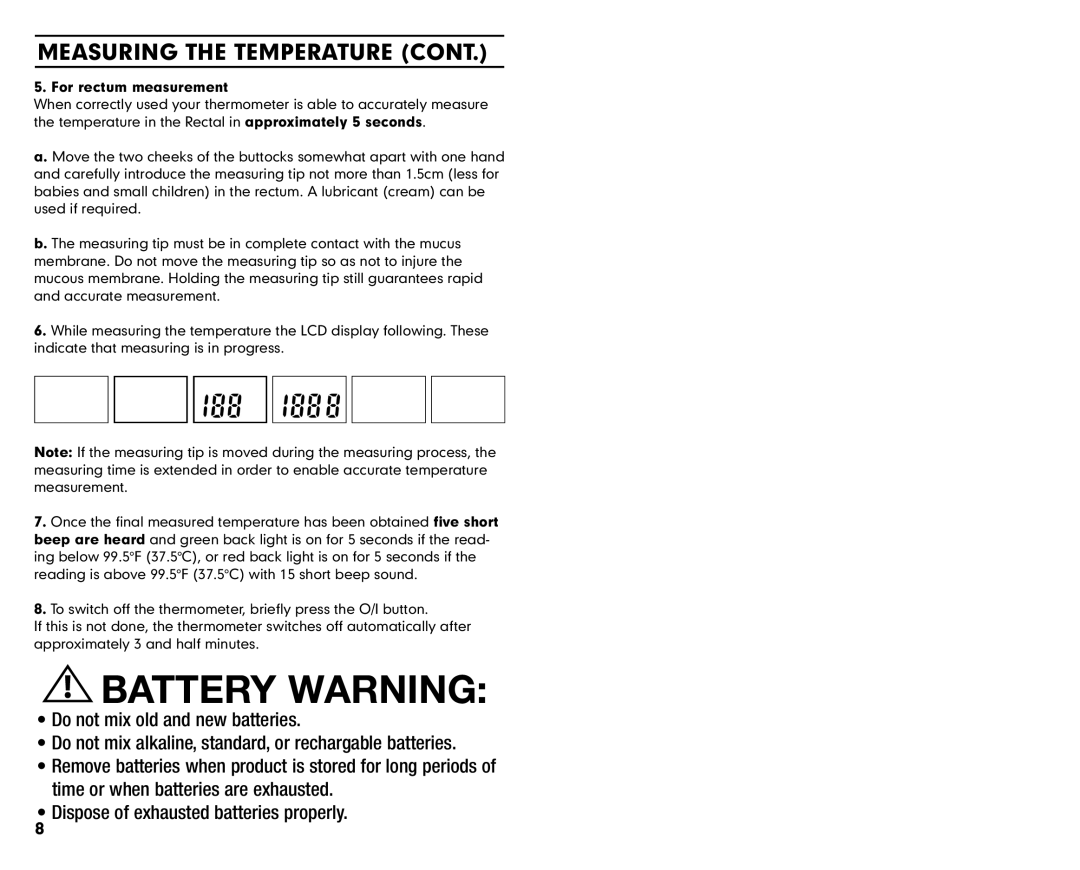 Summer Infant 3180 manual Battery Warning, For rectum measurement 