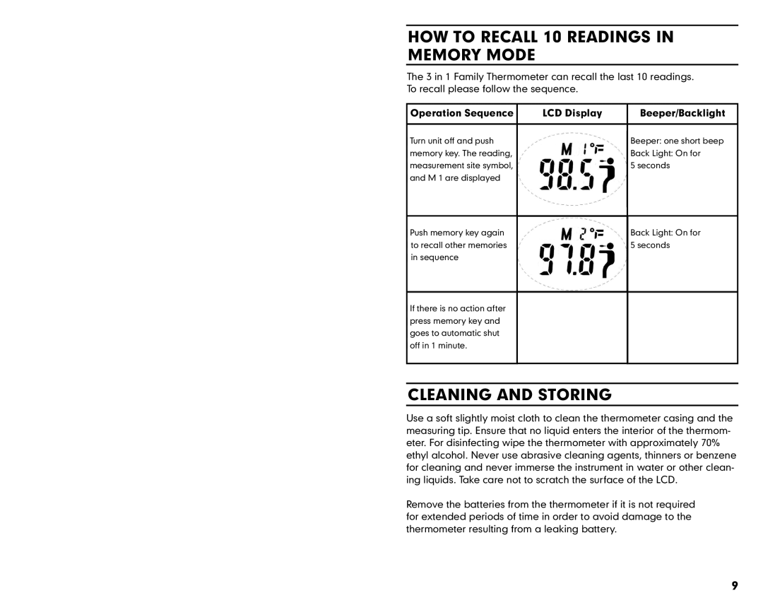 Summer Infant 3180 manual HOW to Recall 10 Readings in Memory Mode, Cleaning and Storing, Operation Sequence LCD Display 