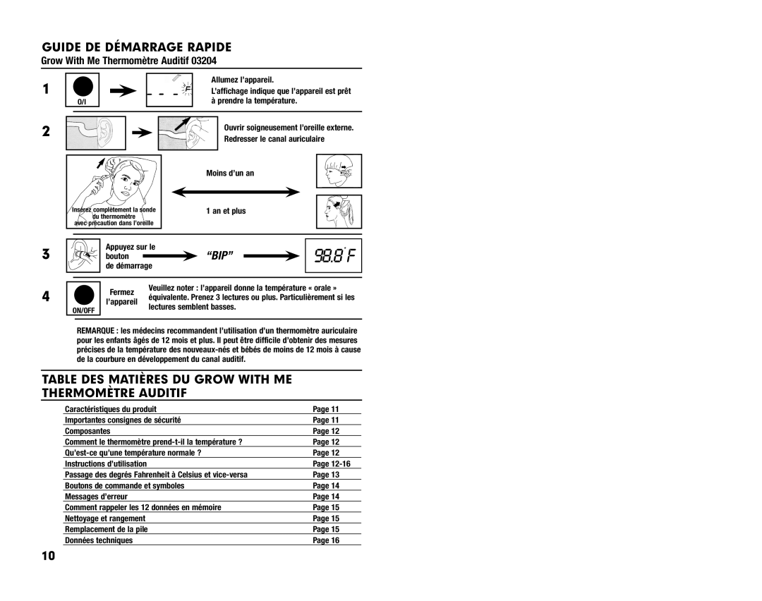 Summer Infant Ear Thermometer manual Guide DE Démarrage Rapide, Table DES Matières DU Grow with ME Thermomètre Auditif 