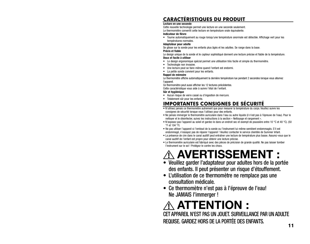 Summer Infant Ear Thermometer manual Caractéristiques DU Produit, Importantes Consignes DE Sécurité 