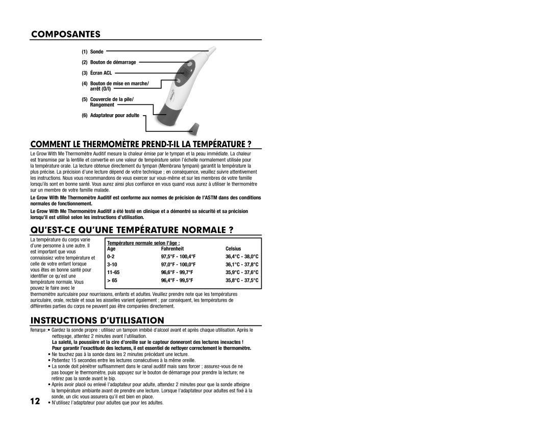 Summer Infant Ear Thermometer manual Composantes, QU’EST-CE QU’UNE Température Normale ?, Instructions D’UTILISATION 