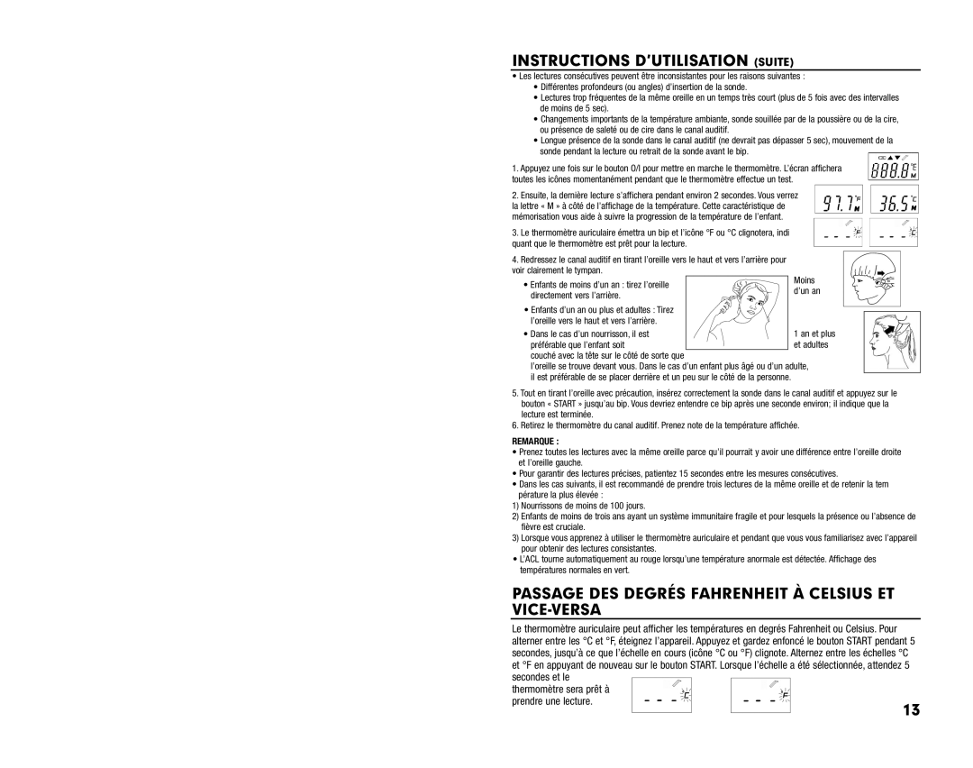 Summer Infant Ear Thermometer Instructions D’UTILISATION Suite, Passage DES Degrés Fahrenheit À Celsius ET VICE-VERSA 