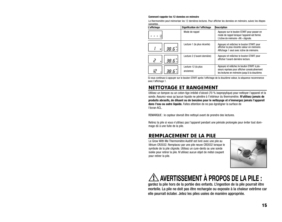 Summer Infant Ear Thermometer manual Comment rappeler les 12 données en mémoire, ’affichage 