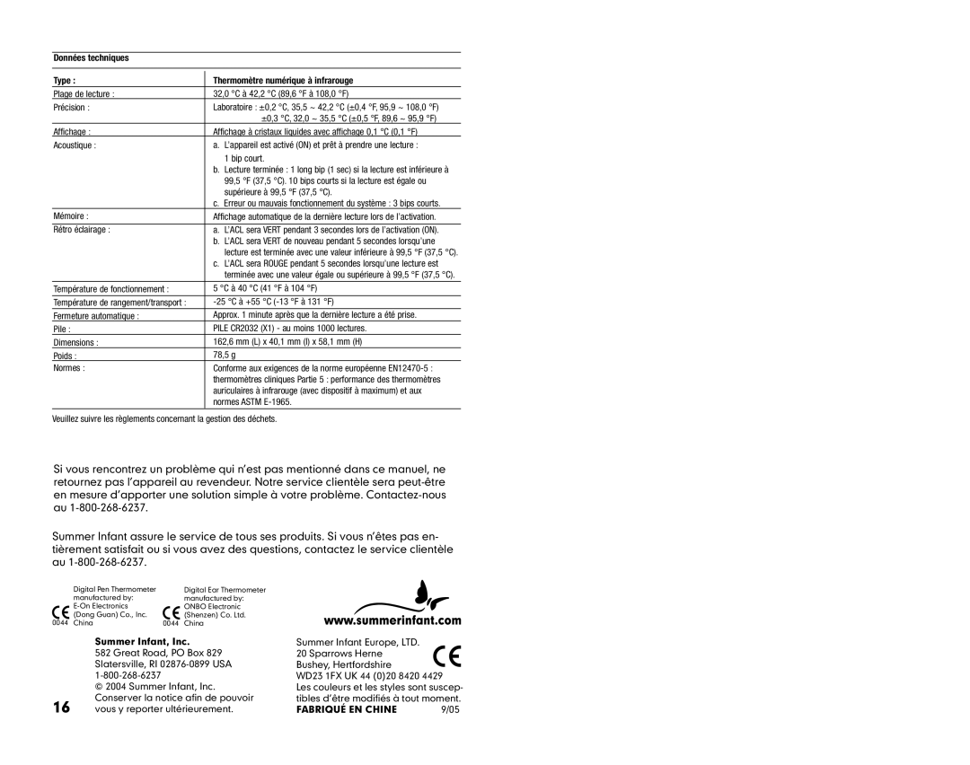 Summer Infant Ear Thermometer manual Données techniques Type Thermomètre numérique à infrarouge 
