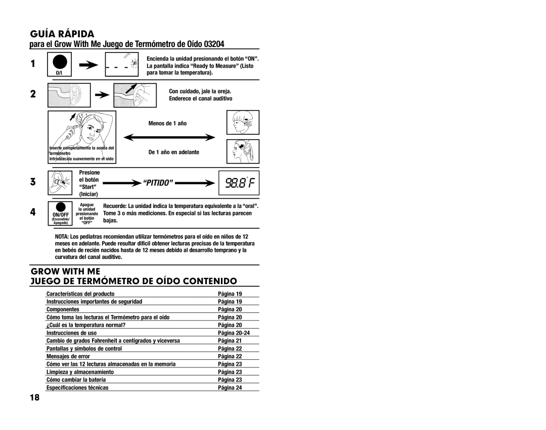 Summer Infant Ear Thermometer manual Grow with ME Juego DE Termómetro DE Oído Contenido, Presione 