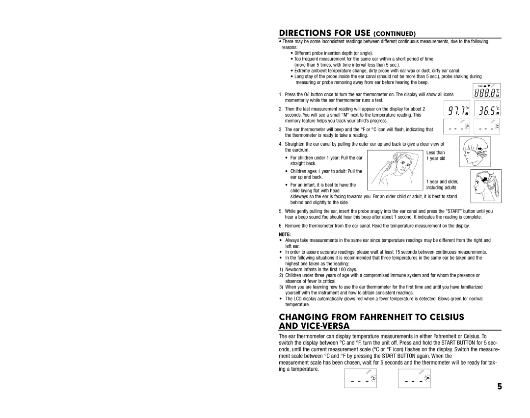 Summer Infant Ear Thermometer manual Changing from Fahrenheit to Celsius and VICE-VERSA 