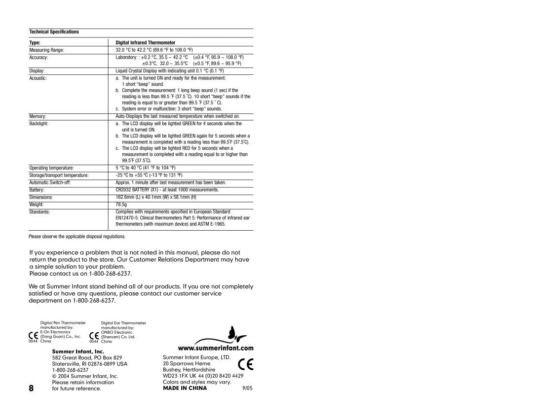 Summer Infant Ear Thermometer manual Technical Specifications Type Digital Infrared Thermometer, Summer Infant, Inc 