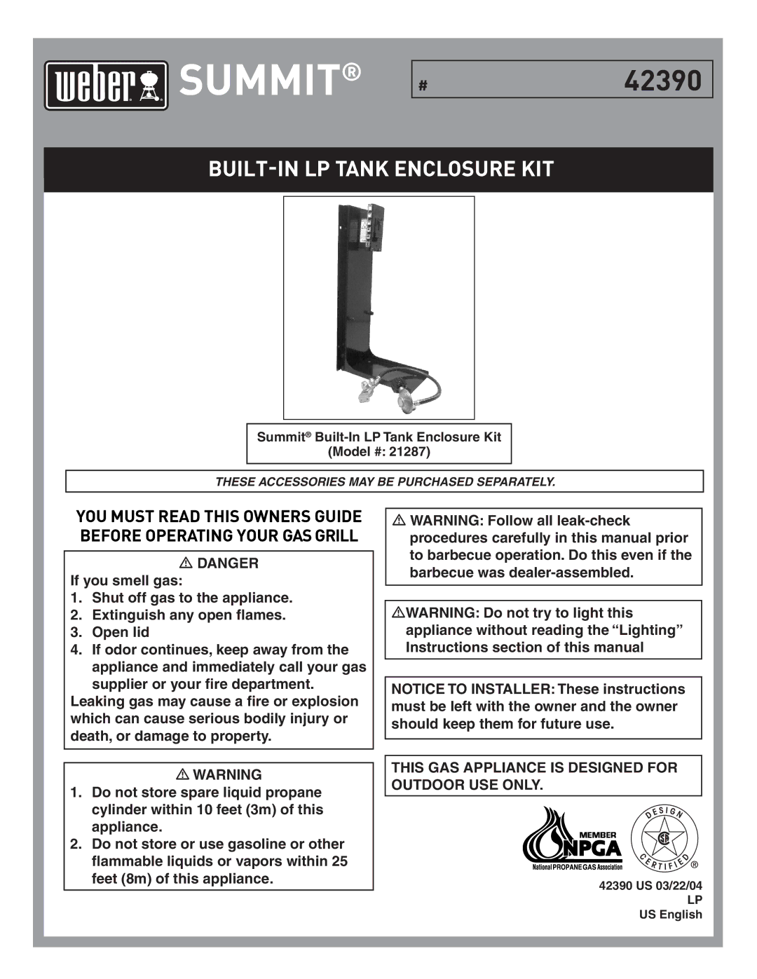 Summit 21287 manual BUILT-IN LP Tank Enclosure KIT, 42390 US 03/22/04 LP US English 