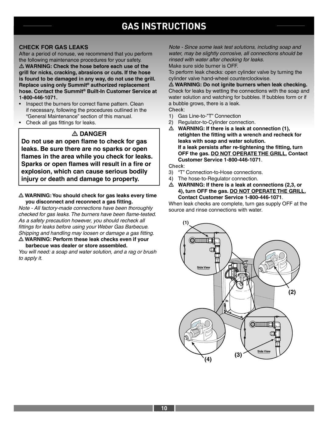 Summit 21287 manual Check for GAS Leaks, Contact Customer Service 