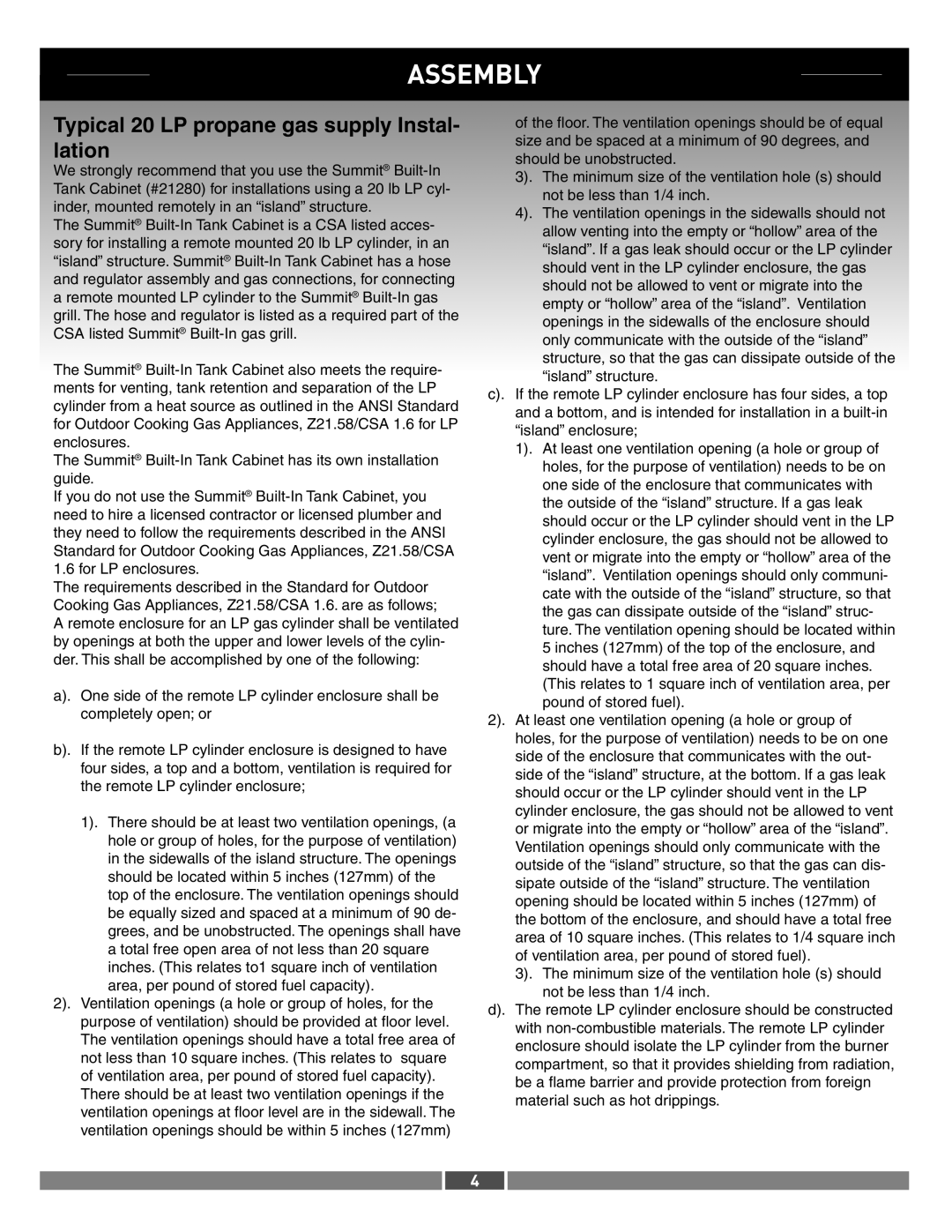 Summit 21287 manual Assembly, Typical 20 LP propane gas supply Instal- lation 