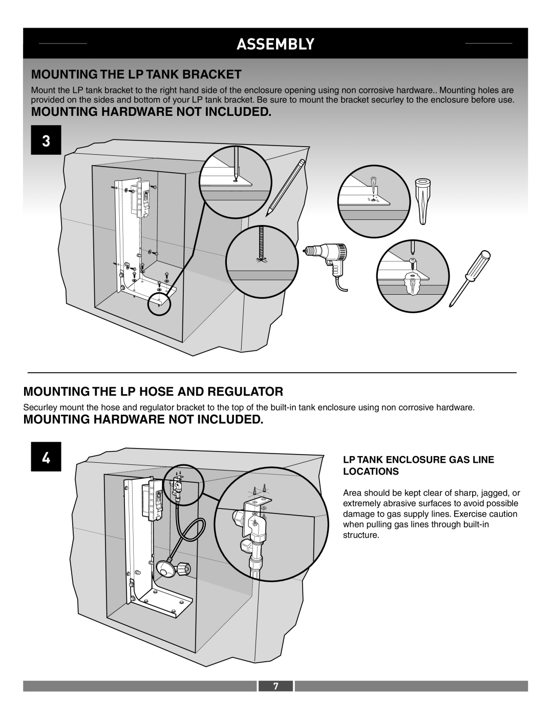 Summit 21287 manual Mounting the LP Tank Bracket, Mounting Hardware not Included, LP Tank Enclosure GAS Line, Locations 