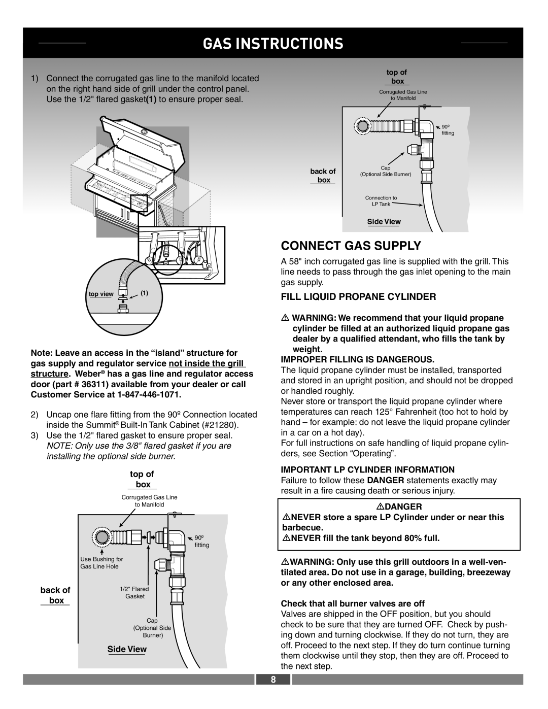 Summit 21287 manual GAS Instructions, Connect GAS Supply, Fill Liquid Propane Cylinder 