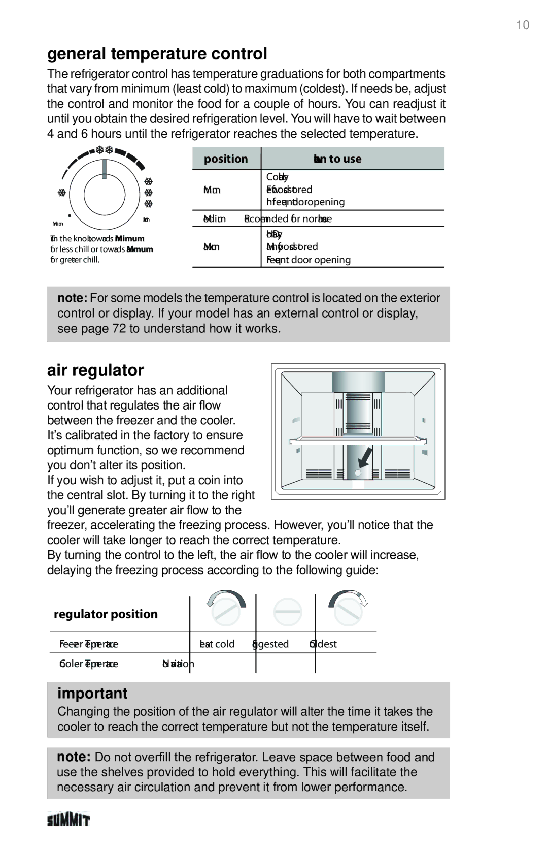 Summit 225D6783P011 manual General temperature control, Air regulator 