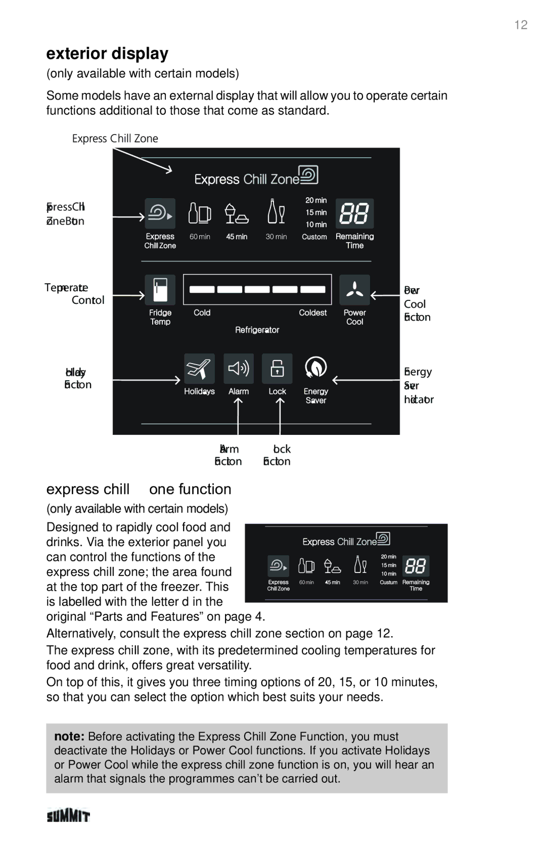 Summit 225D6783P011 manual Exterior display, Express chill zone function 