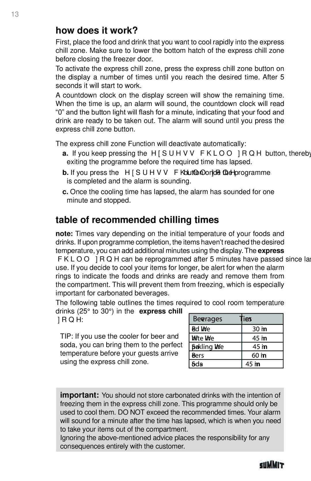 Summit 225D6783P011 manual How does it work?, Table of recommended chilling times, Beverages Times 