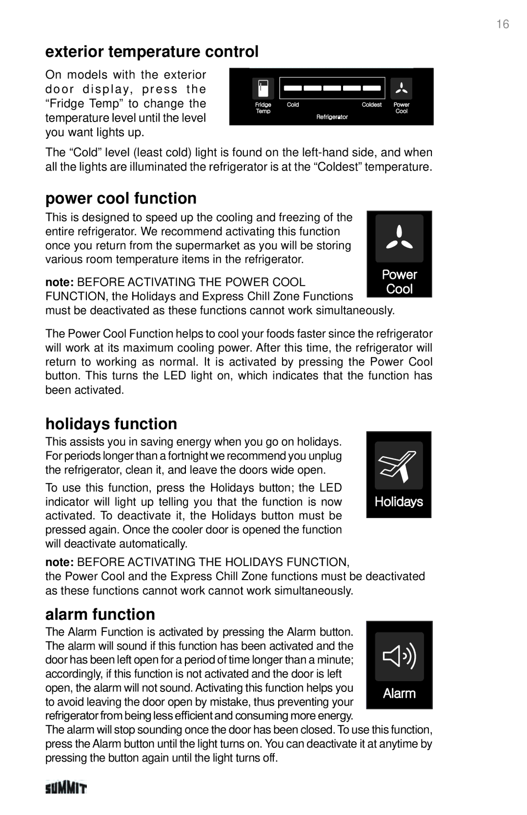 Summit 225D6783P011 manual Exterior temperature control, Power cool function, Holidays function, Alarm function 