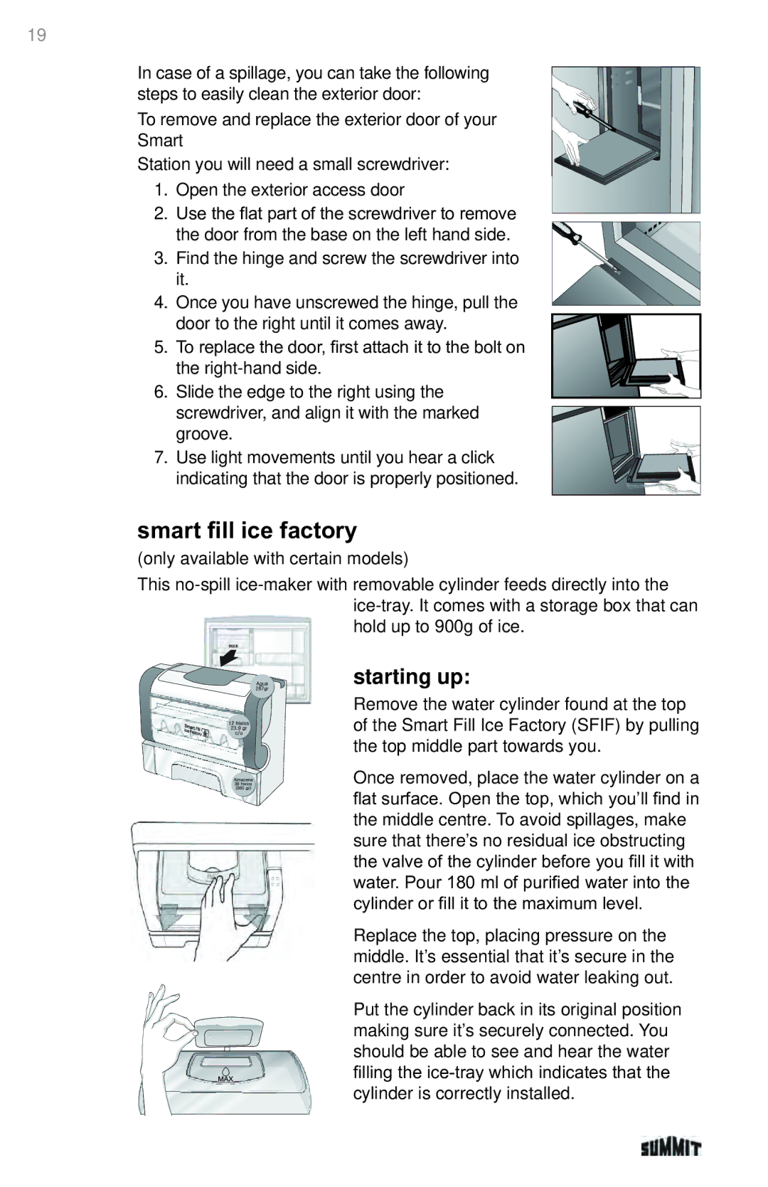 Summit 225D6783P011 manual Smart fill ice factory, Starting up 