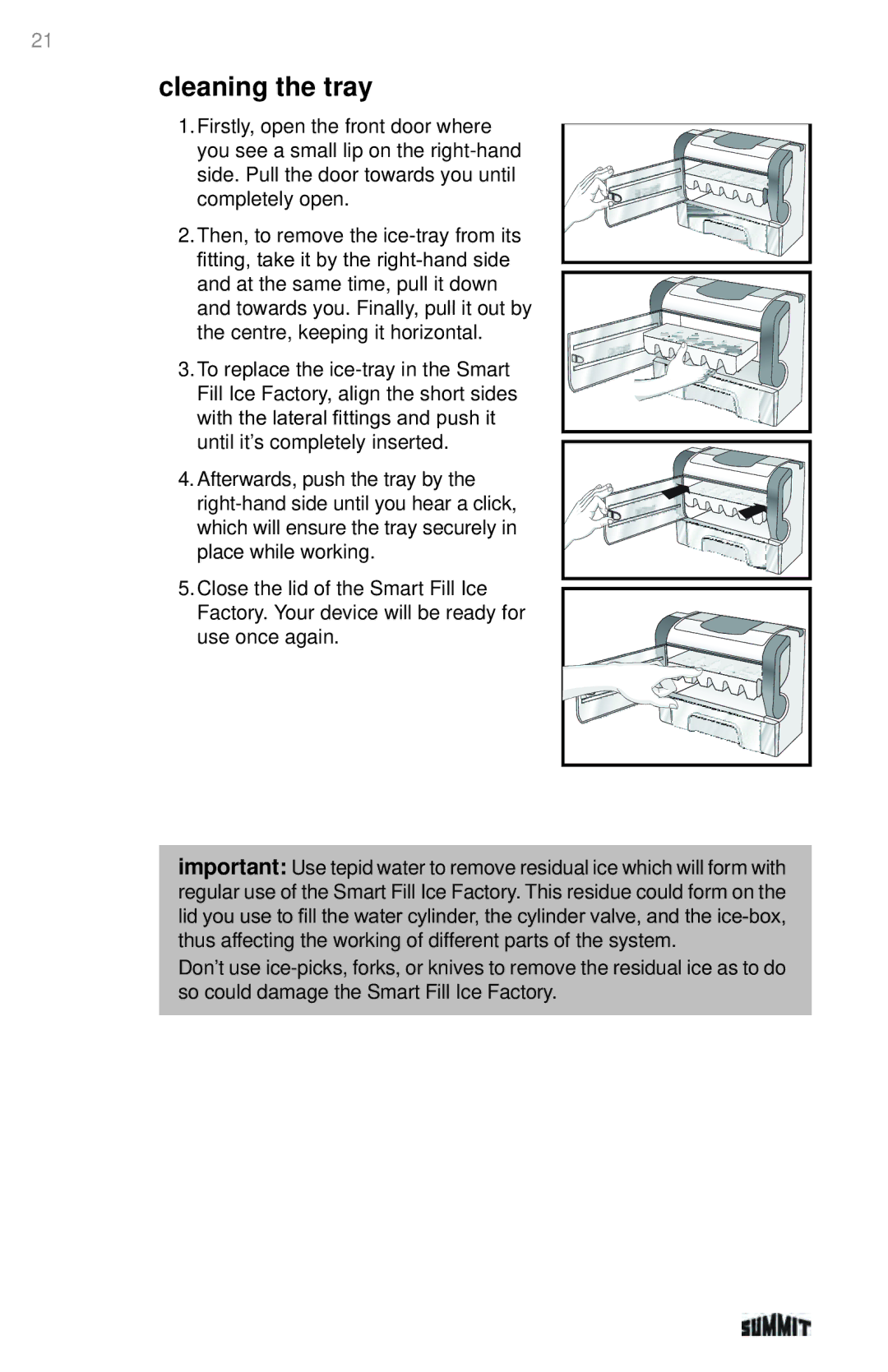 Summit 225D6783P011 manual Cleaning the tray 