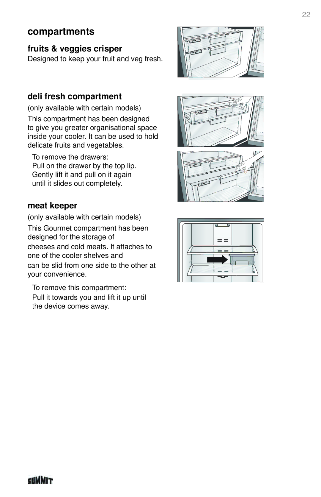 Summit 225D6783P011 manual Compartments, Fruits & veggies crisper, Deli fresh compartment, Meat keeper 