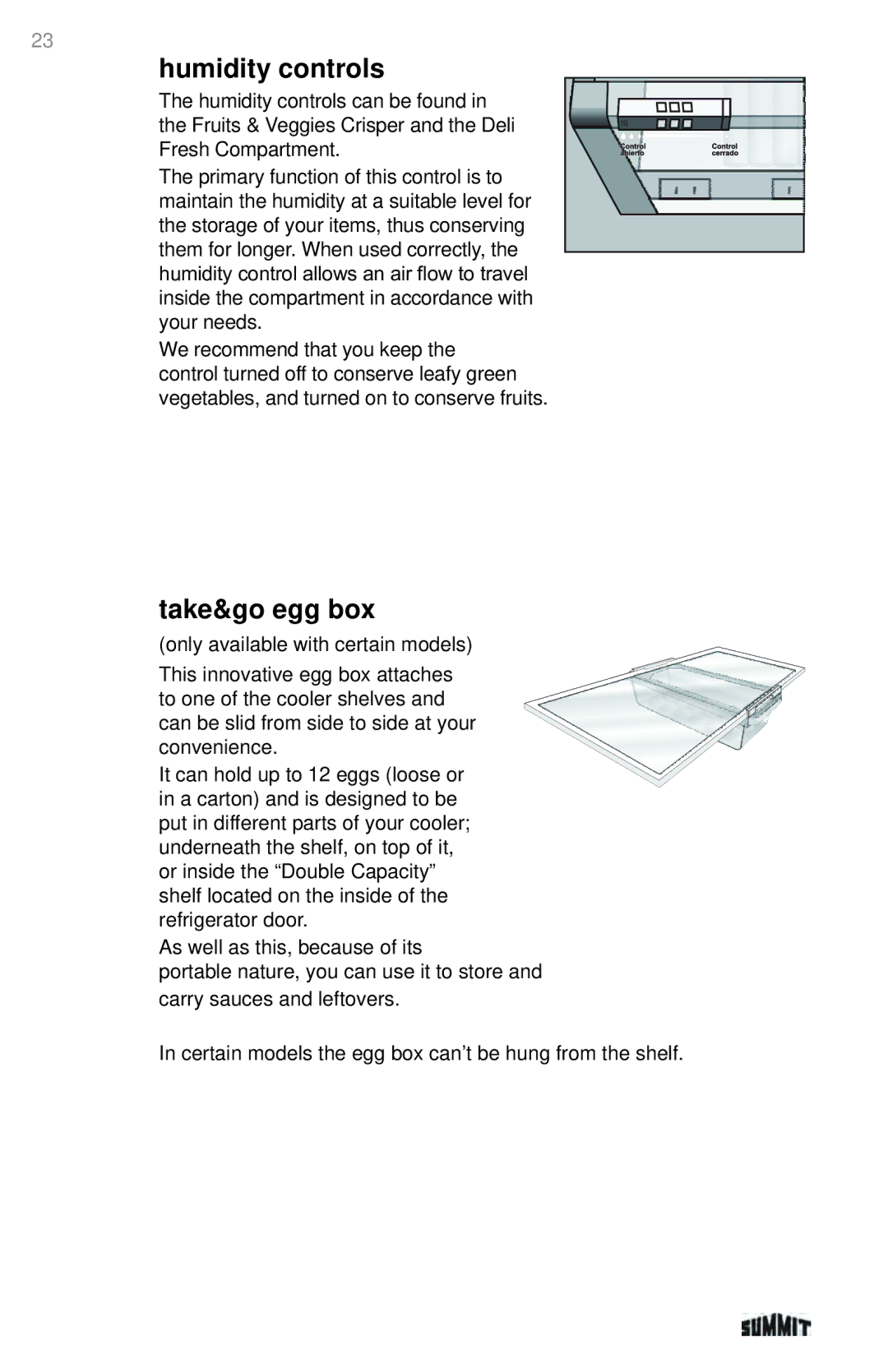 Summit 225D6783P011 manual Humidity controls, Take&go egg box 