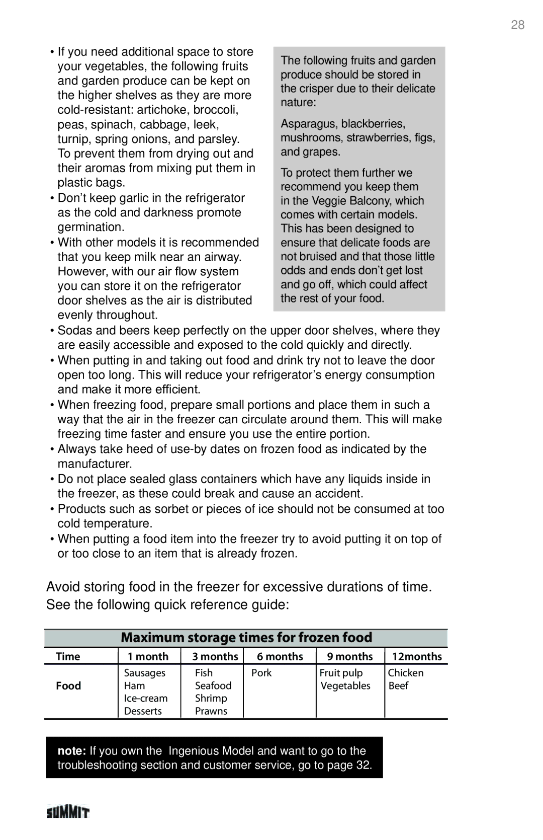 Summit 225D6783P011 manual Maximum storage times for frozen food 